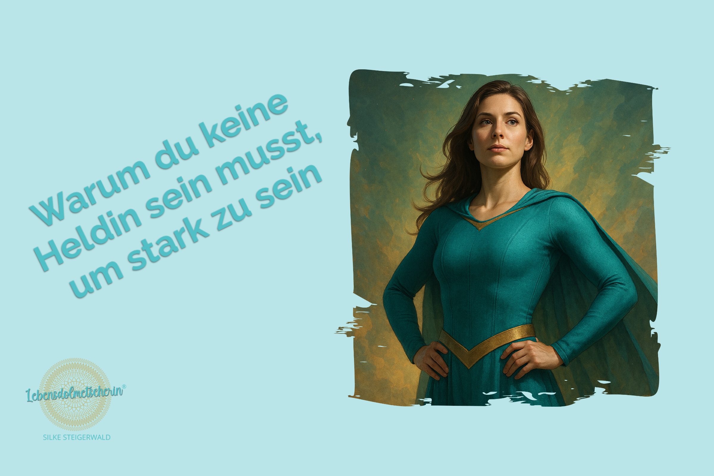 Frau in türkis-goldenem Superheldinnen-Outfit steht stark und selbstbewusst